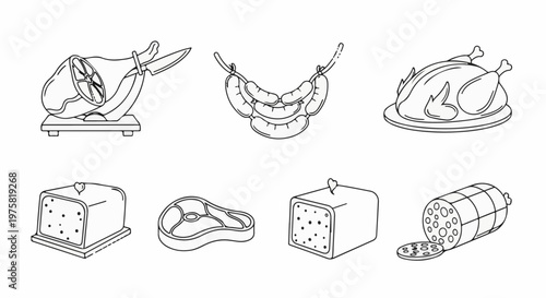 Line art collection of various meats and meat products
