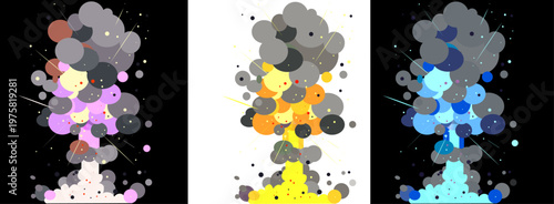 3 Color Variations of Explosion and Smoke Vector Illustration, Editable Clean Path, with Copy Space, Concept of Geopolitical Risk and War