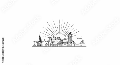 A stylized line drawing depicts a cityscape with a sunburst behind it