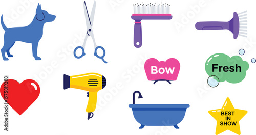 Dog Grooming Icon Set with Pet Bath, Scissors, Comb, Dryer, Star Badge, Heart, Bow, Fresh, and Best In Show Symbols
