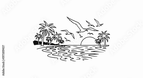 Black and white line art of palm trees on a tropical island with seabirds flying over a sunset ocean