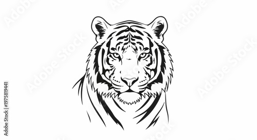 A stylized black and white illustration of a fierce tiger's head and shoulders