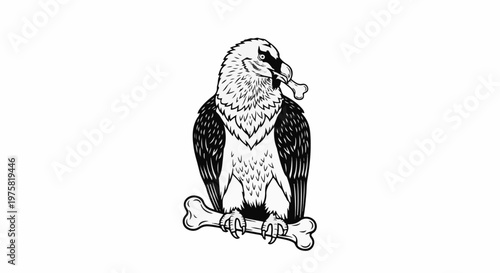 A stylized black and white drawing of a bird of prey holding a bone