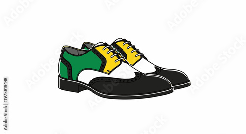 Stylized leather wingtip shoes with green, yellow, white, and black accents