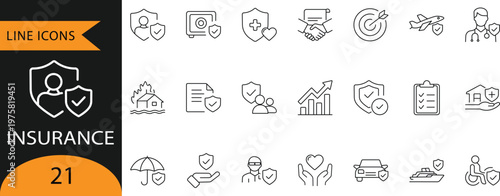 Insurance and Protection Line Icons - Health, Life, Car, and Home Policy Coverage
