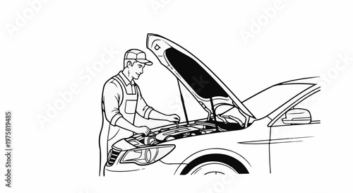 A mechanic in overalls and a cap works on a car engine under the open hood