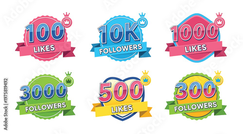 Set of social media milestone badges with likes and followers count