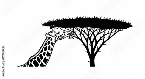 A stylized giraffe eats leaves from a thorny tree under a grassy canopy