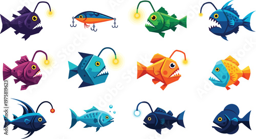 Anglerfish Vector Set Deep Sea Fish Glowing Lure Marine Collection Illustration