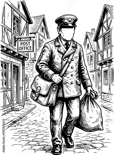 Vintage Black and White Line Art Illustration of Postman in Uniform Walking on Cobblestone Street Carrying Mail Bag with Post Office Sign - Retro Stock Vector for Postal and Espionage Themes