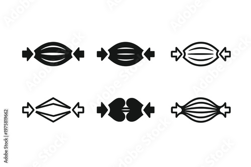 Muscle Movement Icons. How muscles move. Icon set. Set Logo of how muscles move: muscle contraction arrows. harmonious logo variations of the same emblematic