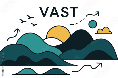 Vast Abstract Landscape. Abstract Landscapes. Rolling shapes collide and drift like clouds over a horizon line; the word ?VAST? floats in thin sans above sun