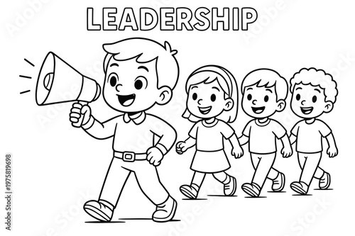 Kid Leader Illustration. leadership children?s coloring book illustration, outlined drawing, a confident child leading a team with a megaphone, educational