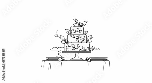 Stylized three-tier cake with floral adornments on a draped table