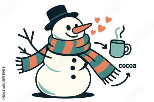 Cozy Snowman Scene. Snowman ? Cozy Scarf. The snowman wraps a long striped scarf; little hearts puff like warm breath. A mug icon steams beside a tiny ?cocoa?