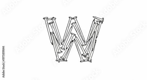 Stylized letter W formed by a collection of pointed metal fasteners