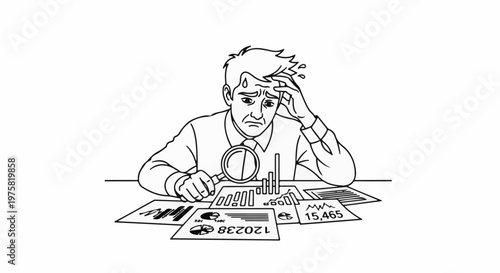 Stressed businessman pores over financial reports with magnifying glass