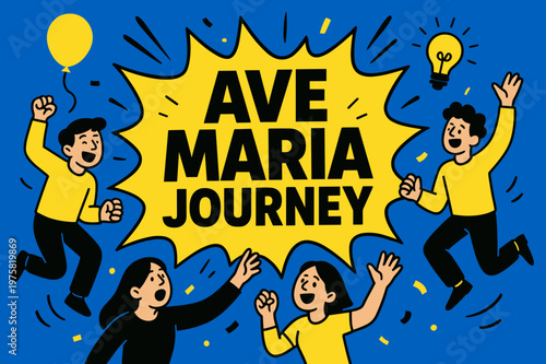 Ave Maria Celebration. Ave Maria Journey banner, flat vector illustration, bold oversized text inside splash explosion banner, cartoon characters dancing and