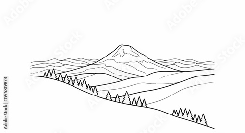 A stylized outline drawing of a majestic mountain peak surrounded by rolling hills and trees
