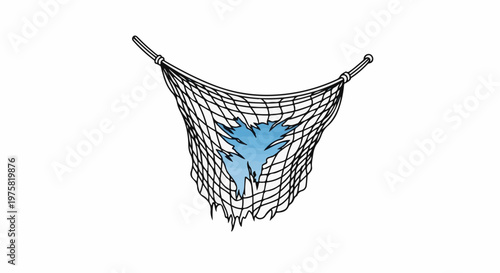 Tattered net with a ripped section revealing blue