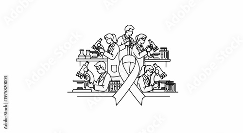 Scientists in lab coats examining microscopes and test tubes around a ribbon