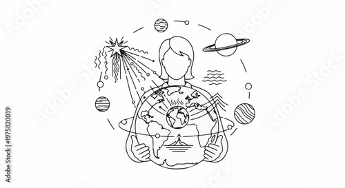 Stylized person holding the Earth, surrounded by planets and cosmic elements