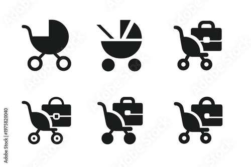 Flexible Work Icons. Flexible work schedules for parents. Icon set. Set Logo of Flexible work schedules for parents: baby stroller beside briefcase. harmonious