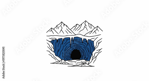 Stylized illustration of a dark cave entrance under snowy mountains