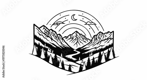 Stylized mountainous valley with river under crescent moon and stars