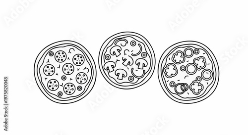 Three different types of pizzas are depicted in simple line art on a white background