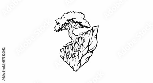 Tree with roots growing from a rocky island outcrop