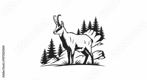 Stylized mountain goat standing in a forest landscape with rocky terrain