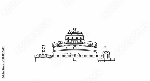 Stylized line drawing of a cylindrical fortress with turrets and a statue