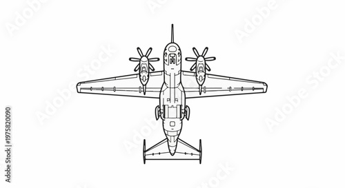 Top-down blueprint illustration of a twin-engine propeller aircraft
