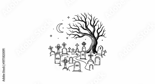 Spooky graveyard with bare tree, moon, and stars under a night sky