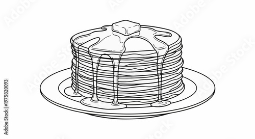 Stack of pancakes with melting butter and syrup dripping onto a white plate