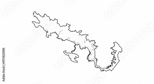 Abstract outline of a coastline with intricate waterways and bays