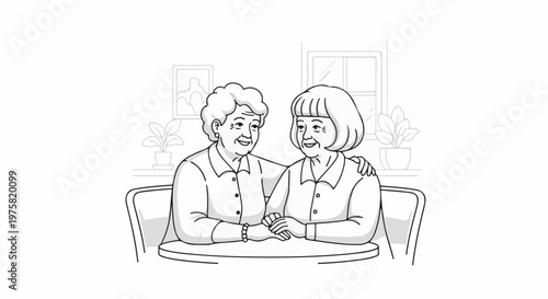 Two elderly women share a tender moment, seated at a table, in a room