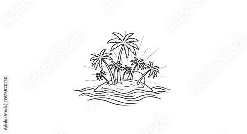 A simple line drawing depicts a tropical island with multiple palm trees
