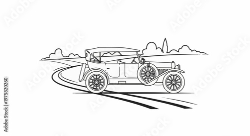 A classic open-top automobile cruises along a winding road under clouds