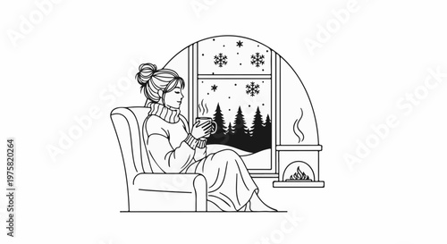 Woman enjoying a warm drink by a fireplace during a snowy evening