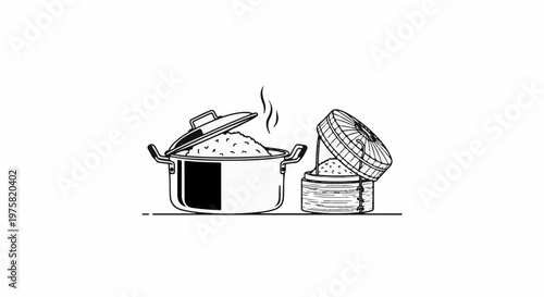 Steaming rice in a pot and bamboo steamer basket, with steam rising