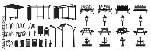 Street furniture and park outdoor element silhouettes featuring bus stop benches and street lights