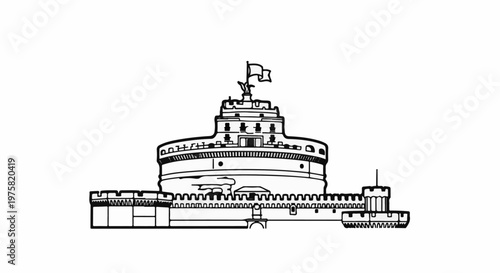 A black and white line drawing depicts a circular fortress with battlements and a flag