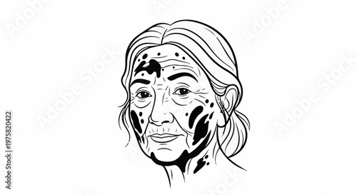 Stylized black and white portrait of an elderly woman with dark spots