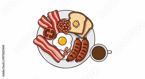 A hearty breakfast platter featuring fried egg, sausages, bacon, beans, toast, and coffee