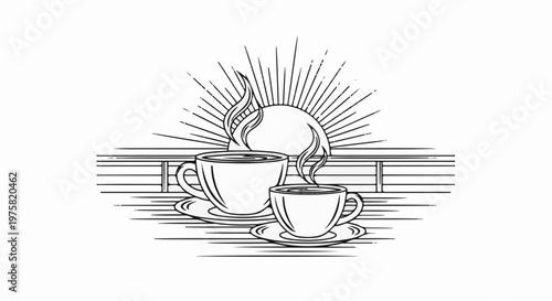 Two steaming cups of coffee against a radiant sun and abstract lines