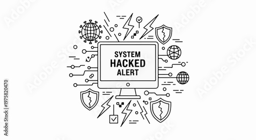 Computer alert screen with security shields, globes, and lightning bolts