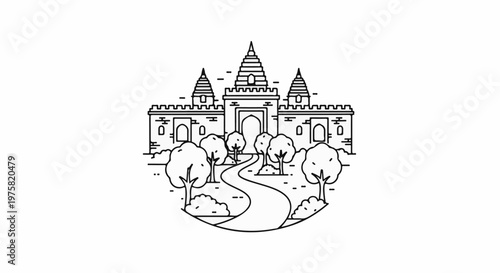 A minimalist line drawing of a grand castle with trees and a winding path