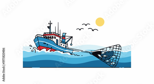 A fishing trawler hauls in a net full of fish under a sunny sky